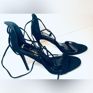 Lulus Aimee Black Suede Ankle Wrap-Around Heels Shoes Size 8‎